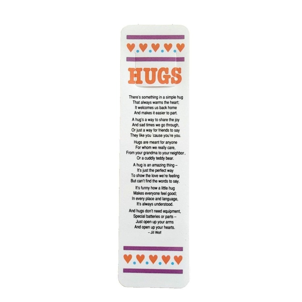 Vintage 80s Hugs‎ Bookmark Tab-Marks Jill Wolf Poem red hearts 1986 Antioch S042